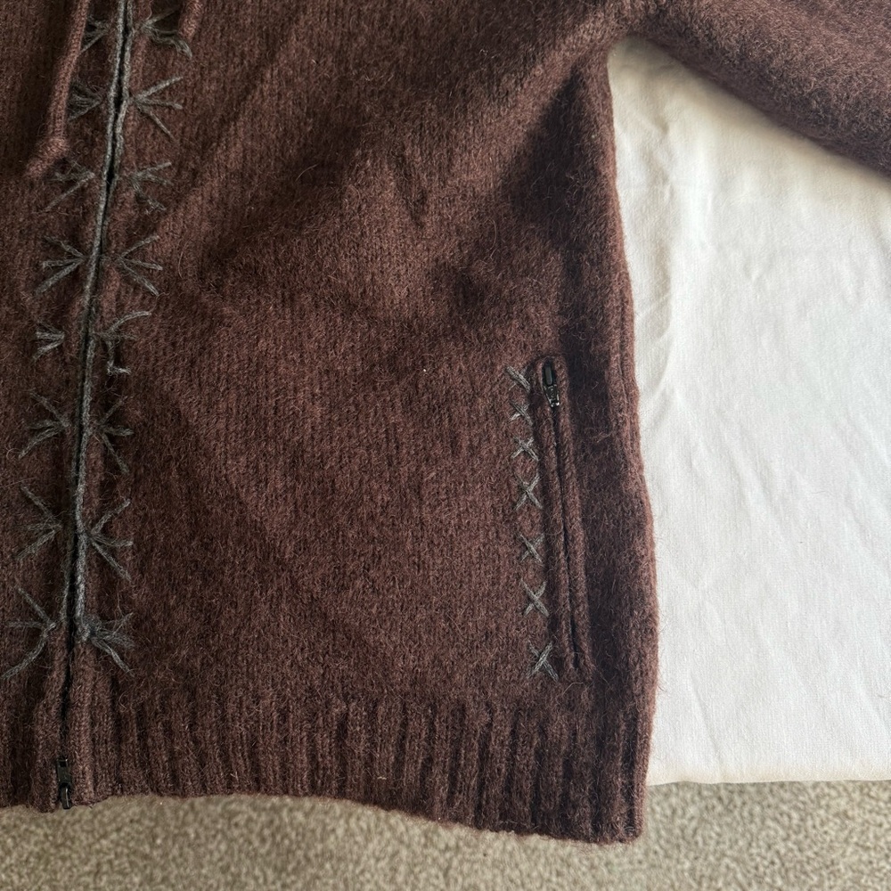 Full Zip Hooded Wool Sweater Mens Large Brown Western Native Cowichan Heavy - Picture 4 of 13